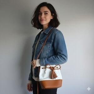 NWT Lulus White & Tan Canvas Bucket Bag Crossbody Tassels